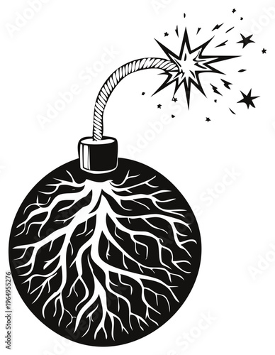 Black and white illustration of a bomb with tree roots growing from inside, fuse lit and sparking, symbolic of explosive growth or danger