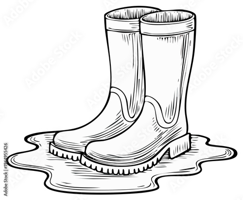 Illustration of rubber boots standing in a puddle on a white background