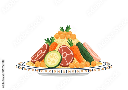 A plate of couscous topped with meat vegetables and chickpeas