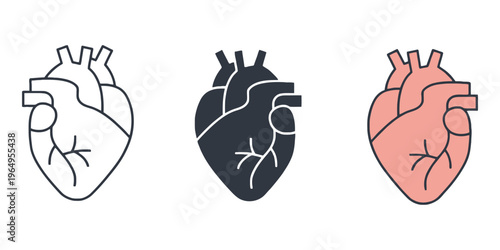 Human Anatomical Heart Icon Set in Three Styles: Outline, Solid, and Color