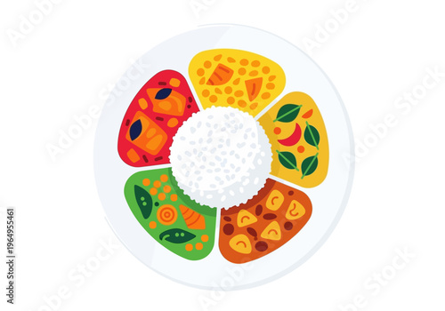 rice curry vegetables isolated white background