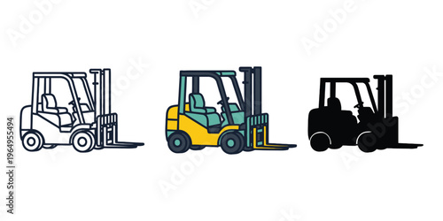 Forklift Icon Set in Line Art, Colored, and Silhouette Styles