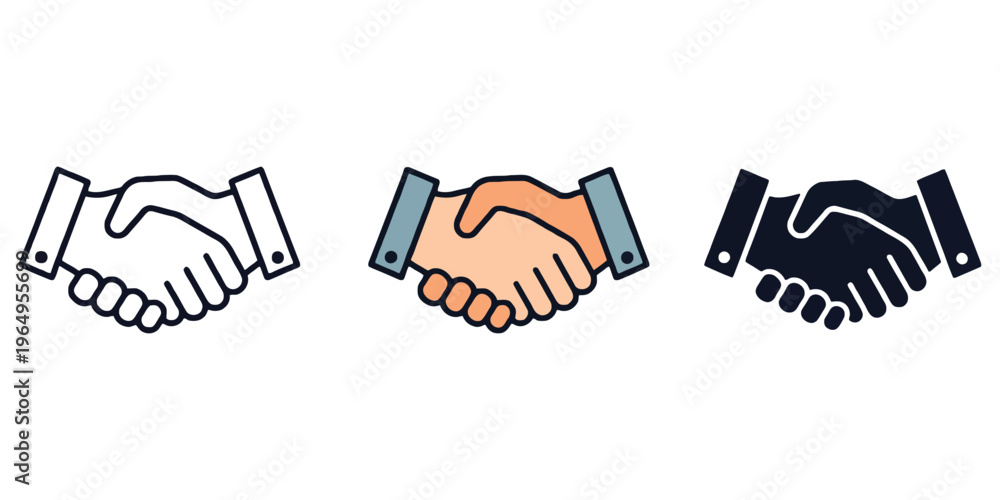 Obraz premium Handshake Icon Set in Line, Flat Color, and Solid Styles for Business