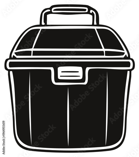 Black and white illustration of a plastic cooler box with a handle and latch