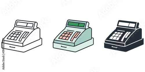 Set of Cash Register Icons in Outline, Color and Solid Silhouette Styles