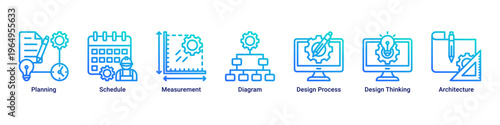 Planning Phase web banner icon vector illustration with icons of Planning,Schedule,Measurement,Diagram,Design Process,Design Thinking and Architecture