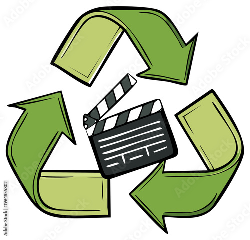 Film production recycling symbol with movie clapboard and green arrows