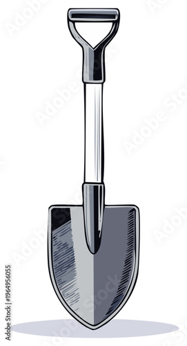 Isolated spade tool with grey finish, illustration, gardening equipment for digging in the soil