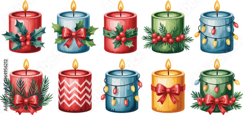 Christmas candle vector set with holly berries pine needles and festive string lights for winter holiday greeting cards, 18 words.