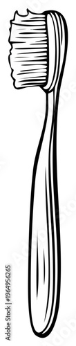 Black and white illustration of a toothbrush with a curved handle for dental hygiene.