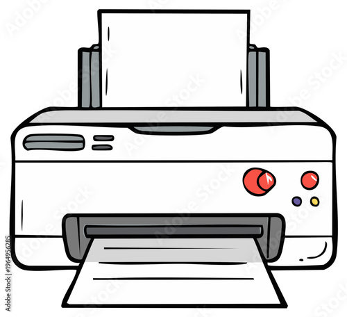Hand drawn illustration of a modern desktop printer producing documents and paperwork