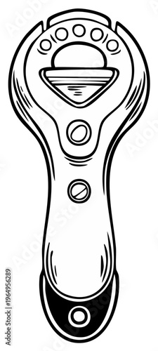 Handheld kitchen bottle opener tool for beverages and drinks simple line art illustration