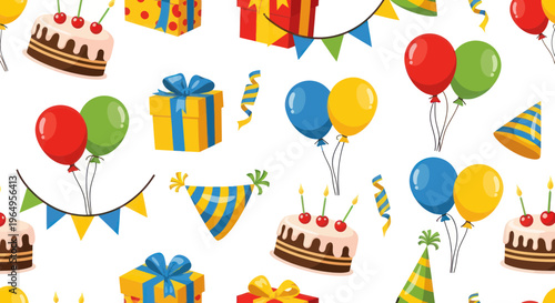 Seamless Birthday Party Pattern: Cakes, Balloons, Gifts, and Bunting