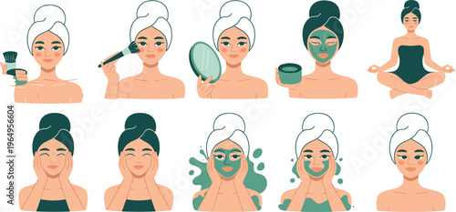 Cute woman beauty skincare routine vector set with face mask makeup application and meditation icons for spa wellness design, 19 words.