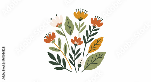 Colorful flowers and green leaves arrangement.