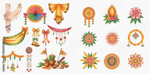 Set of Indian festival decorations with traditional elements and cultural motifs, perfect for celebrations and events.