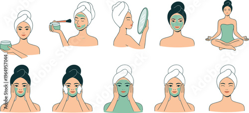 Cute woman beauty skincare routine vector set with face mask makeup application and meditation icons for spa wellness design, 19 words.