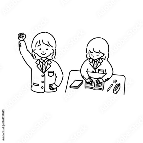 机に向かう学生1(線画)