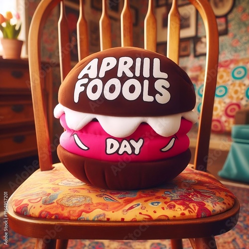 Whoopie Cushion April Fools Day. Whoopie cushion on a chair with the words April Fools Day printed on it., created with generative ai