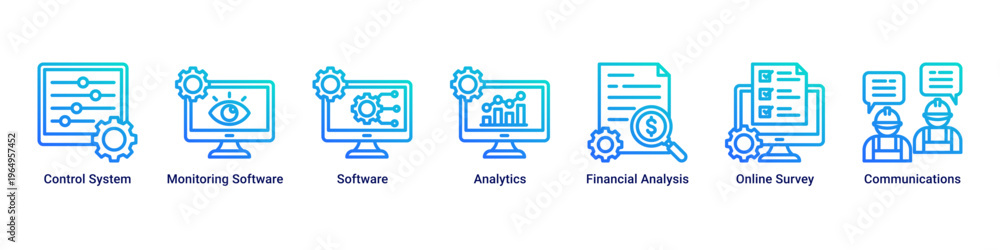 Obraz premium Project Control web banner icon vector illustration with icons of Control System,Monitoring Software,Software,Analytics,Financial Analysis,Online Survey and Communications