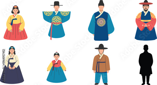 Traditional Korean Hanbok character vector set featuring male and female figures in historic royal and folk clothing, 17 words.