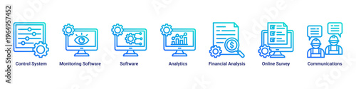 Project Control web banner icon vector illustration with icons of Control System,Monitoring Software,Software,Analytics,Financial Analysis,Online Survey and Communications