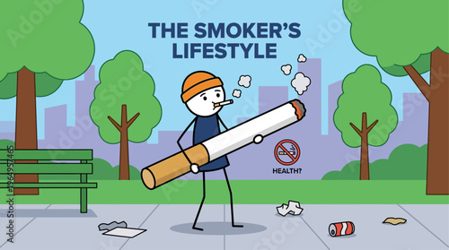 Cartoon Stick Figure Smoking Huge Cigarette Vector Illustration Health and Lifestyle Concept
