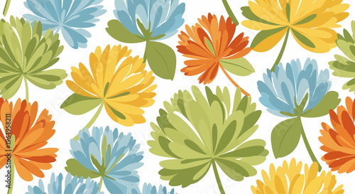 Colorful flowers with green leaves pattern.