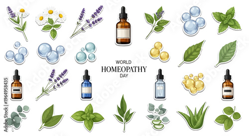 Flat lay illustration of various homeopathic remedies and herbs arranged around 'World Homeopathy Day' text on a white background, conveying a natural healing concept with holistic health