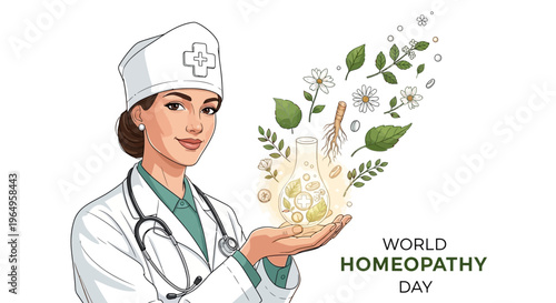 Illustration of a smiling female doctor in a white coat holding herbs and flowers on World Homeopathy Day with a holistic health concept.
