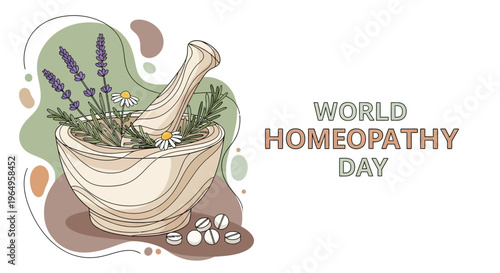 Illustration of a mortar and pestle with herbs on World Homeopathy Day with a natural remedy concept against a colorful background.