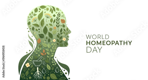 Illustration of a human head filled with green leaves and flowers, symbolizing homeopathy and natural healing on World Homeopathy Day against a clean white background.