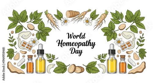 Illustration of World Homeopathy Day with herbal medicine concept and natural remedy elements on a clean white background.