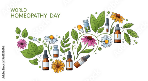 Illustration of homeopathy concept with flowers, herbs, and medicine bottles for World Homeopathy Day, promoting natural healing and holistic health with a colorful design.