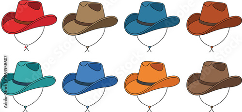 Colorful cowboy hat vector set featuring western style headwear icons for rodeo country music and wild west design, 18 words
