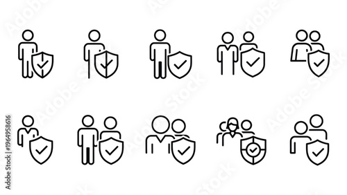 Line icons depicting people with shields and checkmarks for security and protection