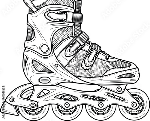 Professional inline skate vector illustration featuring detailed wheels and buckle straps for sports equipment catalogs and urban fitness designs