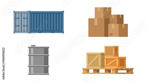 A collection of various cargo and shipping containers including blue intermodal containers, cardboard boxes, a metal drum, and wooden crates on a pallet.