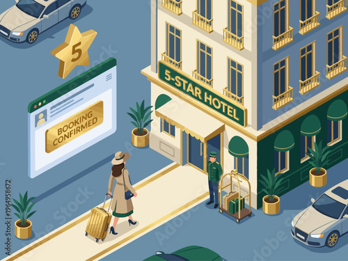 A woman with a suitcase arrives at a luxurious 5-star hotel, with a booking confirmation displayed on a screen and cars nearby.
