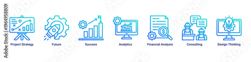 Strategy Growth web banner icon vector illustration with icons of Project Strategy,Future,Success,Analytics,Financial Analysis,Consulting and Design Thinking