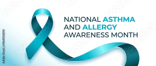 May is national asthma and allergy awareness month with teal ribbon on white background healthcare medical support advocacy health month.