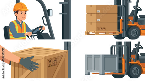 Illustrations depicting various aspects of logistics and material handling, including a forklift operator, boxes on a pallet, and crates being moved.
