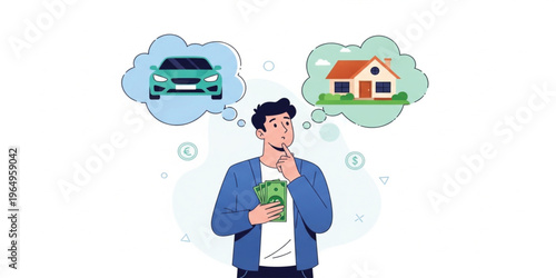 Financial Decision Concept with Man Choosing Between Buying Car or House Illustration Representing Budget Planning, Investment Choices, Personal Finance, and Money Management Strategy
