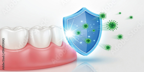 Dental Protection Concept with Teeth, Gum, and Shield Blocking Bacteria Illustration Representing Oral Hygiene, Healthcare Safety, Infection Prevention, and Medical Treatment Design