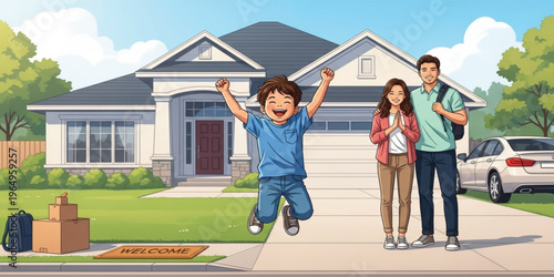 Happy Family Moving into New Home with Child Jumping in Front Yard Illustration Representing House Purchase, Real Estate Success, Relocation, and Homeownership Lifestyle Concept