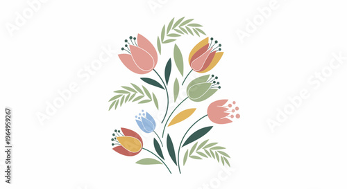 Colorful Tulips and Leaves Illustration.