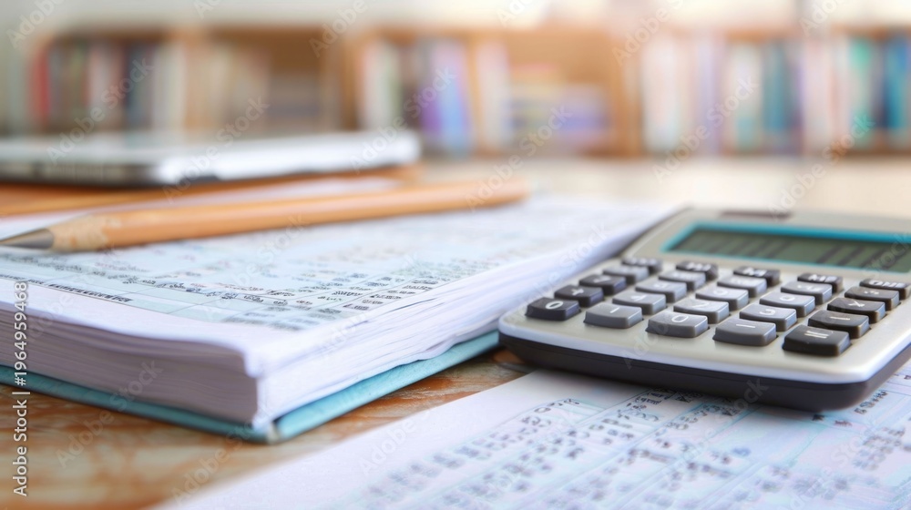Obraz premium A detailed close up view of financial tools including a calculator and ledger on a desk alongside a pencil and mobile device set against a blurred background of books