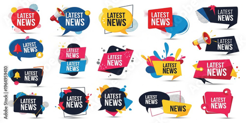 Latest News Banner Collection with Speech Bubbles, Megaphone Icons, and Colorful Breaking News Labels for Media, Social Networks, Marketing Campaigns, and Digital Announcement Designs