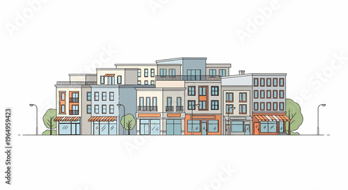 Colorful urban residential apartment buildings.