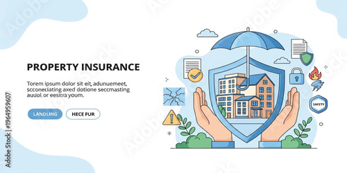 Property Insurance Concept Illustration with House Protection Shield, Umbrella, and Safety Icons Representing Home Security, Risk Management, Coverage, and Real Estate Protection Services
